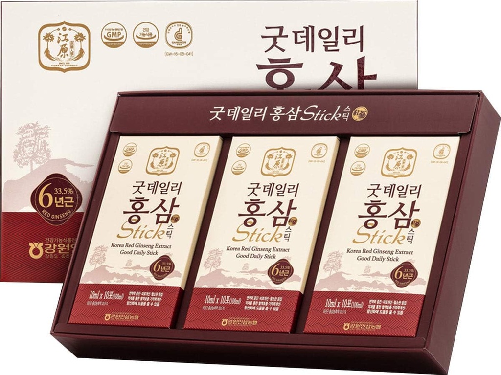 [Gangwoninsam] Korean Red Ginseng Extract Good Daily Stick 30 Count - 6 Year Korean Red Ginseng Extract, 한국어 음식, 개별적으로 포장, 0.35 fl. oz (10ml), 3 X 10-Count Box