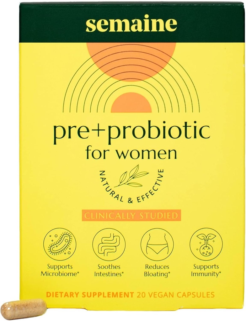 Semaine Super Powered Prebiotic + Probiotic for Women, Nourish Gut Health, Soothe IBS, 지원 Bloat Relief & Immunity Boost, 임상 시험 (20 ct)에 효과적인 3-in-1 멀티 액션 공식