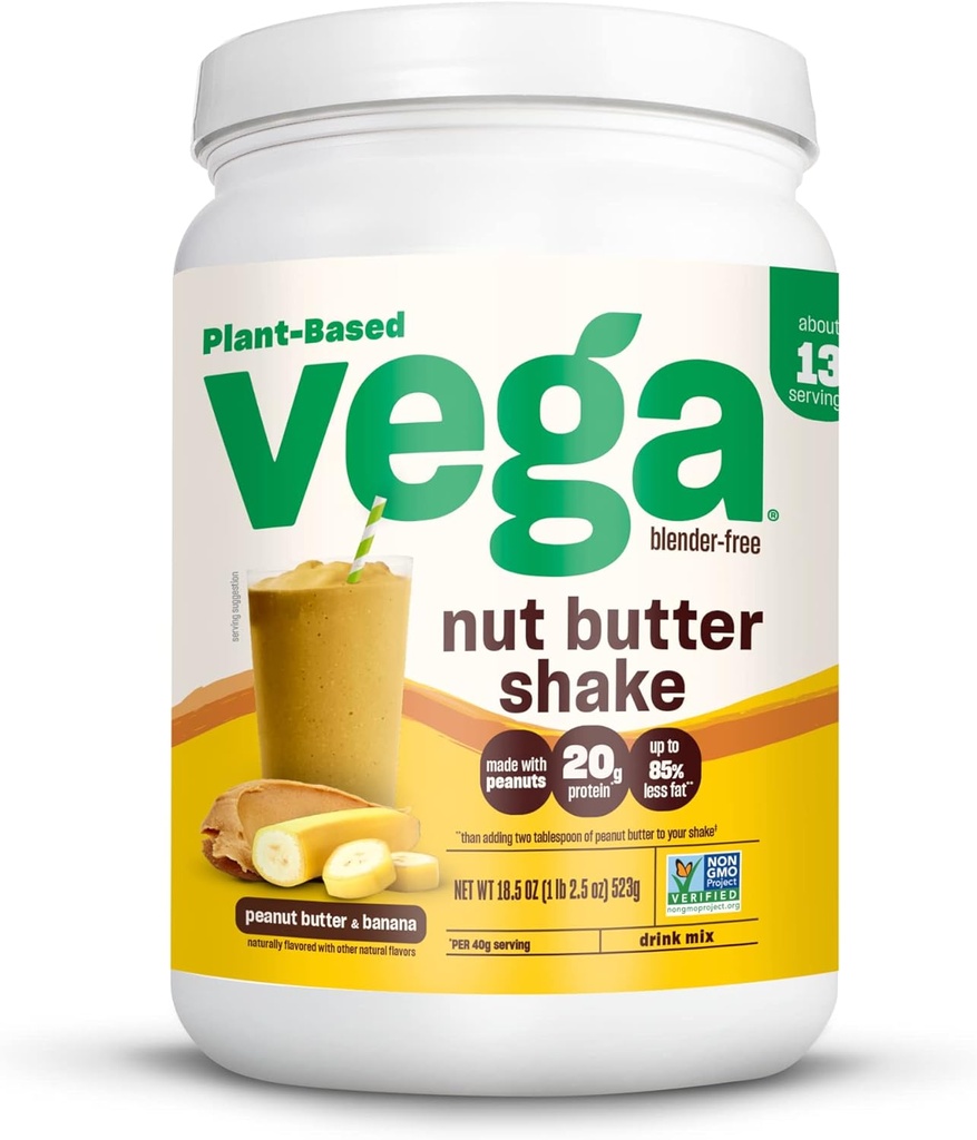 Vega 견과 버터 Shake, 땅콩 버터 & 바나나 - Vegan 단백질 분말, 20g 단백질, 진짜 음식 성분, 추가된 설탕 없음, 1.39 lbs