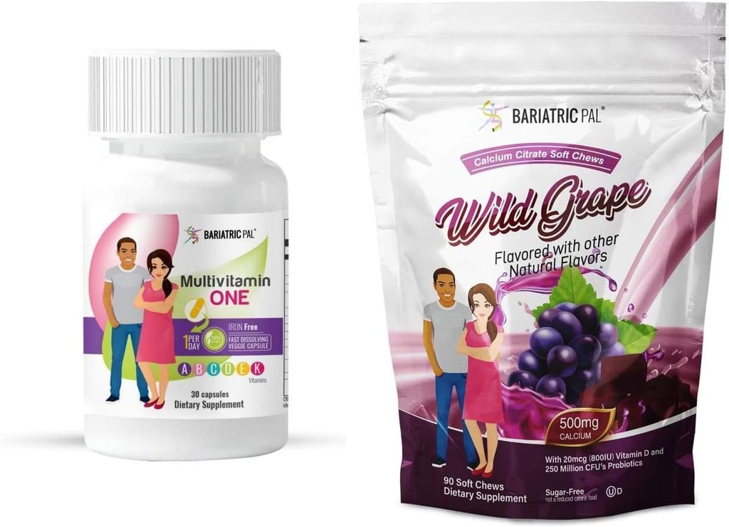 BariatricPal Duodenal Switch 완전한 30 일 공급 비타민 팩 (Iron-Free 캡슐 칼슘 Citrate Probiotics와 부드러운 Chews - 야생 포도)