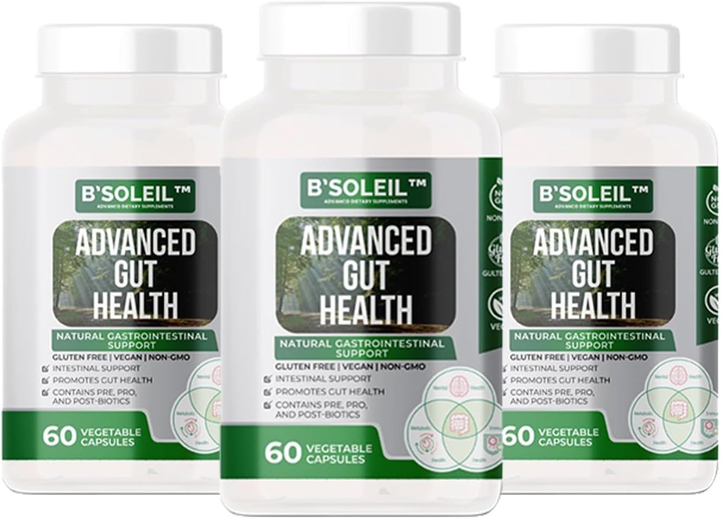 B'SoleilTM Pack of 3 Advanced Gut Health Probiotics - Pre, Pro & Post Biotics - 자연 위장 지원 - 글루텐 무료, Vegan & Non-GMO - 25 억 CFU - 각 팩에 60 캡슐