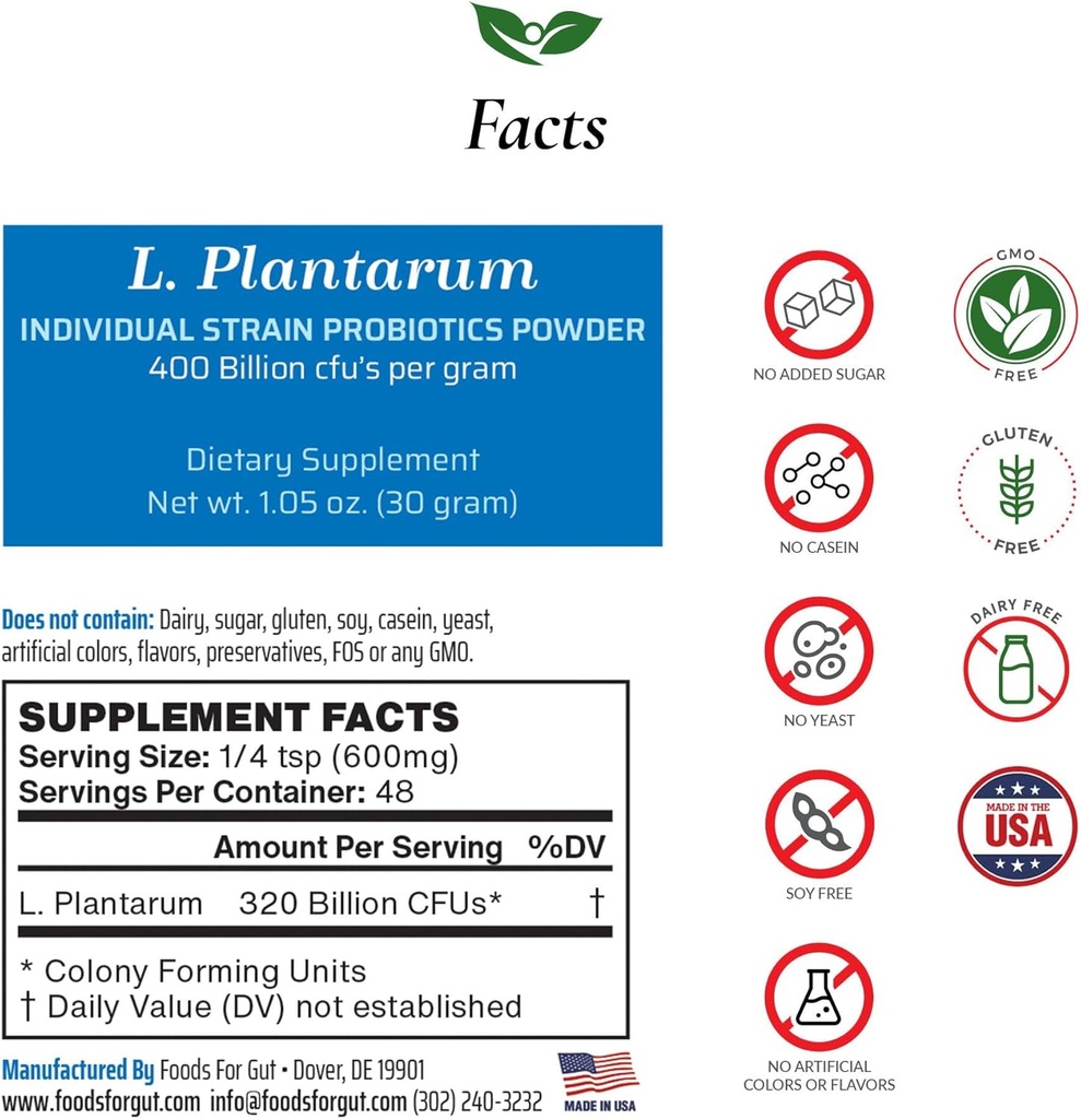 Gut Lactobacillus Plantarum Probiotic Powder 400 Billion cfu's | 미국에서 제작 | 첨가물 없음 | 제조업체에서 직접 | 제3자 스토리지 | 면역 지원 | 30 그램 (1.05 Oz)