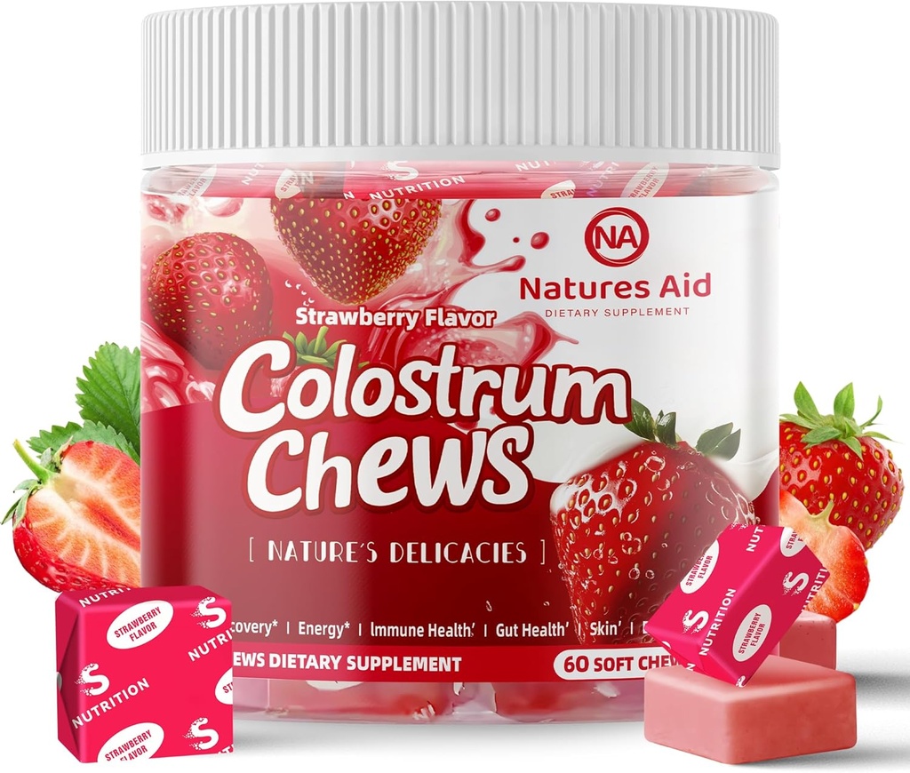 Gut Health, Bloating, Immune Support, Skin, Hair Growth and Beauty - Strawberry flavor (60 인분)에 대한 probiotics와 Colostrum Chews 보충