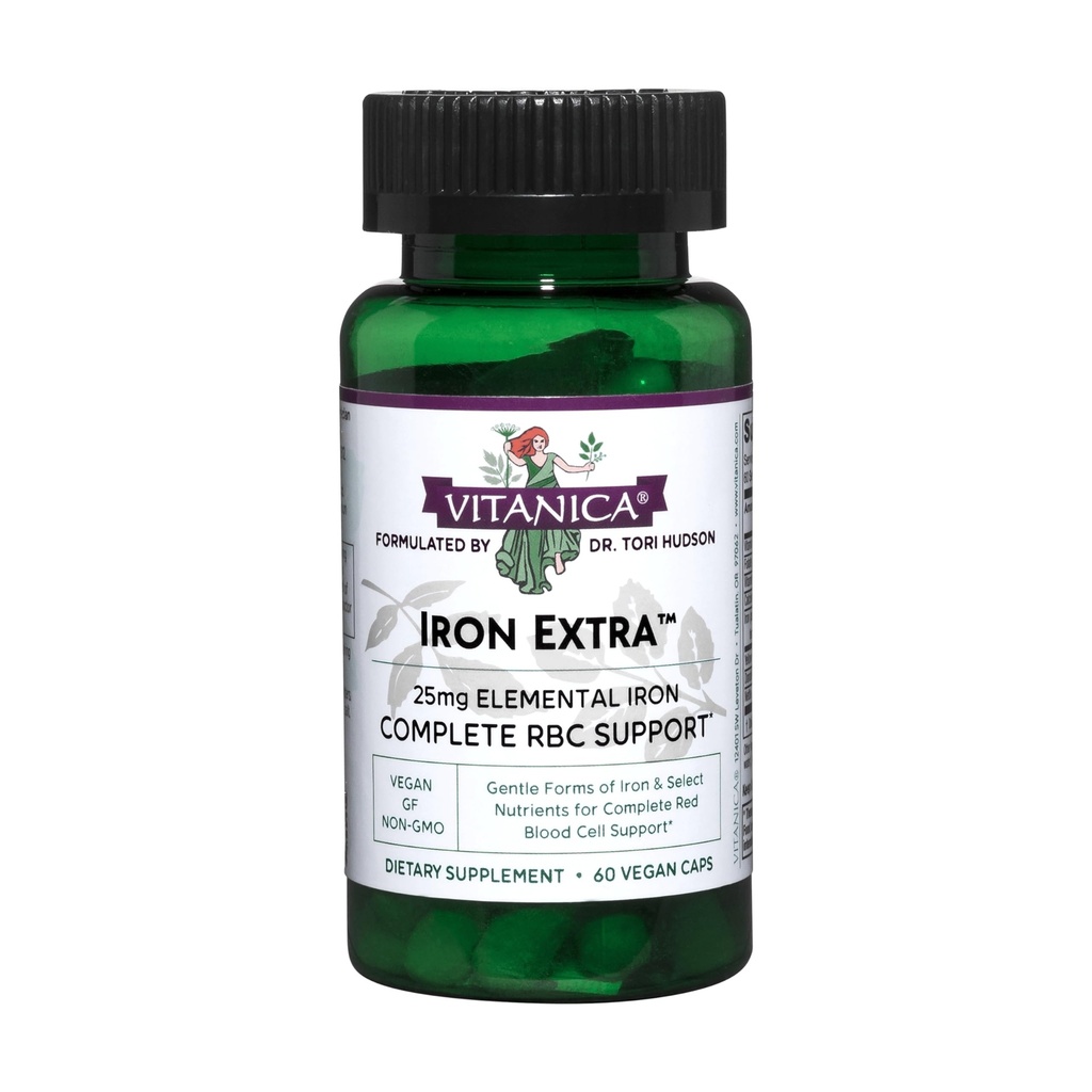 Vitanica 철 여분, 철 보충교재는 비타민 C 500mg, Methylfolate 400mcg, B12 비타민 500mcg, 칼슘, 노란 독, Dandelion 뿌리 & Nettle 잎 추출물, 채식주의자, 60의 캡슐을 가진 흡수를 강화했습니다
