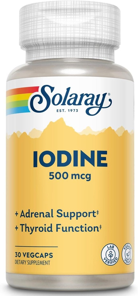 Solaray Iodine 500 mcg | 건강한 갑상선 기능, 대사, 초점 및 에너지 지원 | 비 GMO, Vegan | 30 VegCaps | 2 팩