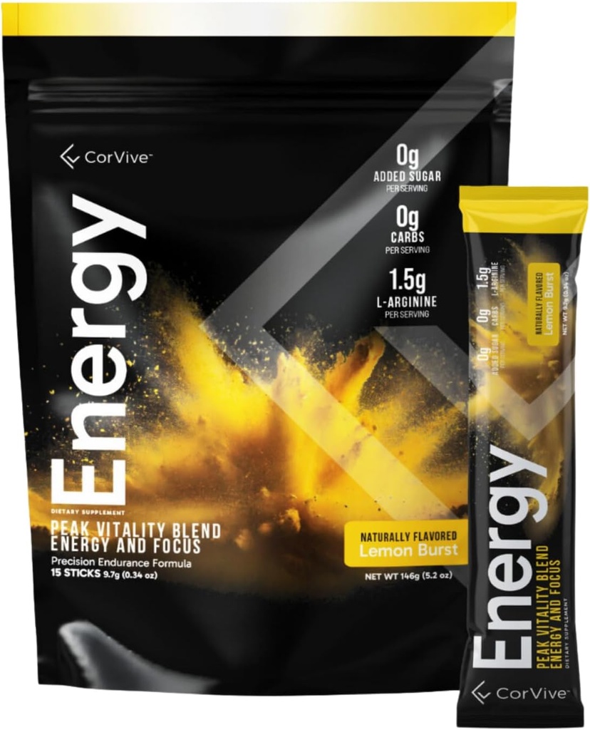 에너지 | 천연 에너지 및 초점 보충 | Carnosyn®, Ashwagandha, L-Arginine, Theobromine | Zero Sugar, 5 Calories, 120mg Caffeine | 15 Stick Packs for Mental & Physical Boost | 레몬