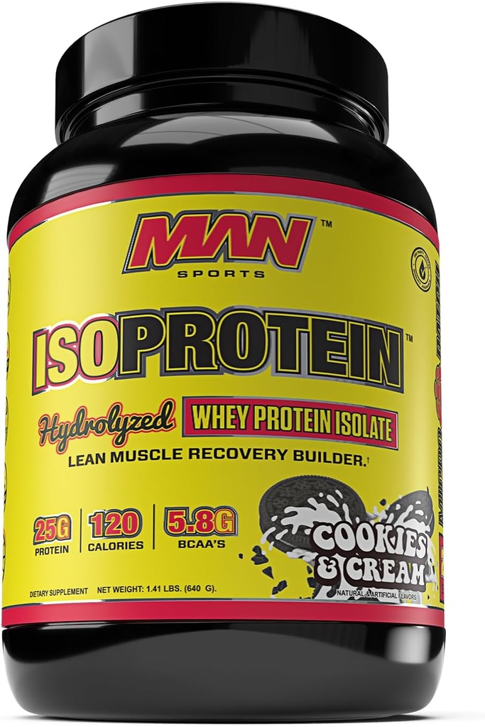 MAN 스포츠 새로운 맛 ISO-Protein Hydrolyzed 100 % 순수 Whey Protein Isolate 분말, 쿠키 및 크림, 1.42 파운드 (20 일 공급)