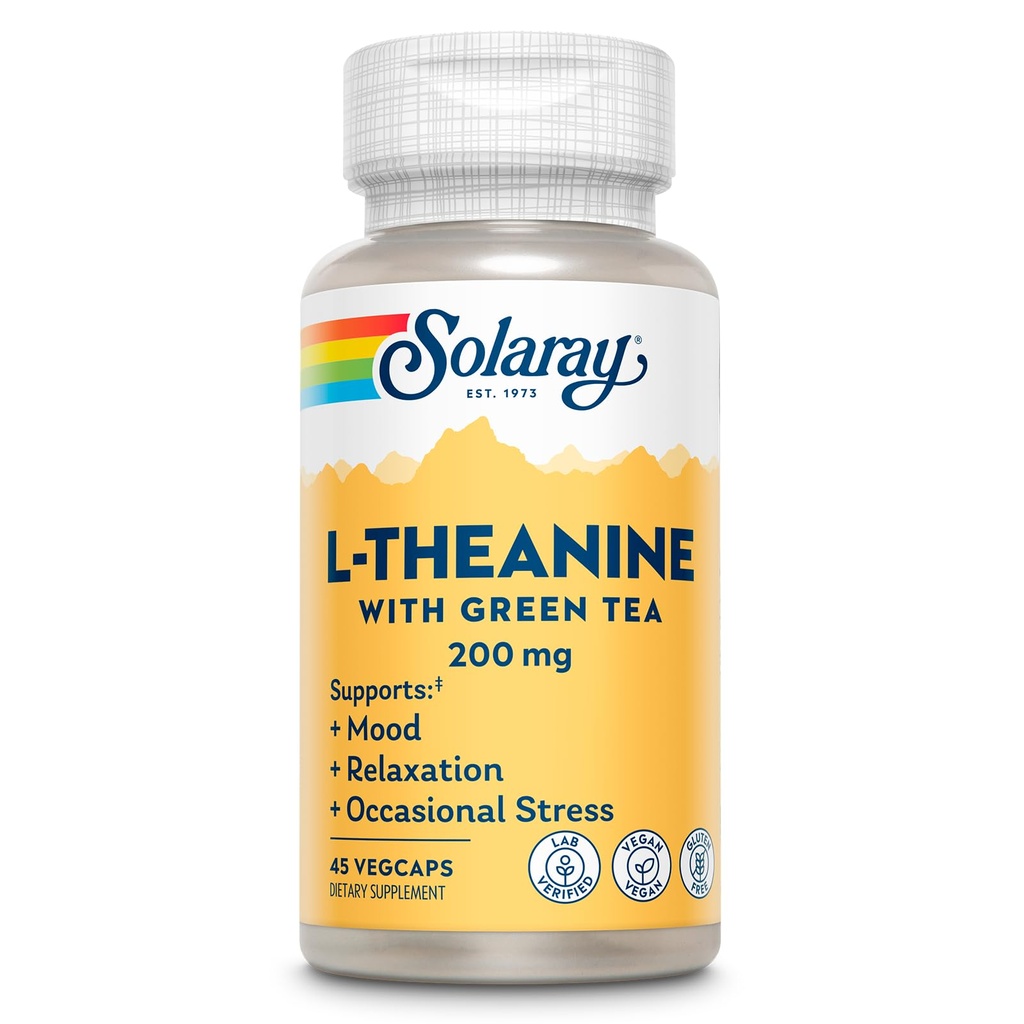 녹차를 가진 SOLARAY L-Theanine 200mg - 건강한 계류, Relaxation 및 Occasional 스트레스 지원 - 실험실 검증, Vegan, 글루텐 무료 - 45 서빙, 45 VegCaps