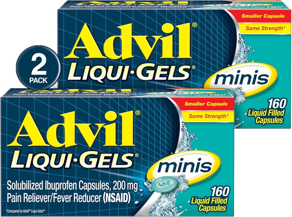 Advil Liqui-Gels minis Pain Reliever와 Fever Reducer, 통증 완화를위한 Ibuprofen 200mg 성인을위한 통증 의학 - 2x160 액체 채워진 캡슐