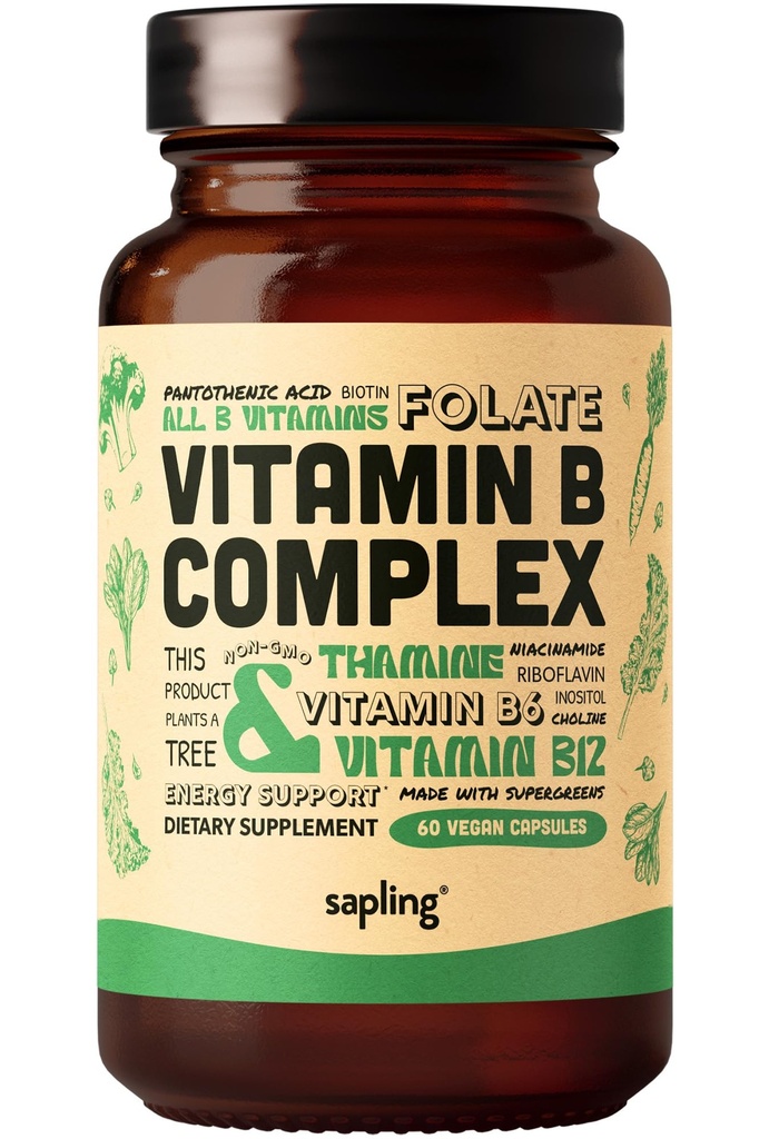 사파이어 Vegan 비타민 B Complex - 필수 B 비타민 B1, B2, B3, B5, B6, B7, Folate, B12-60 모자를 가진 전체적인 음식 혼합