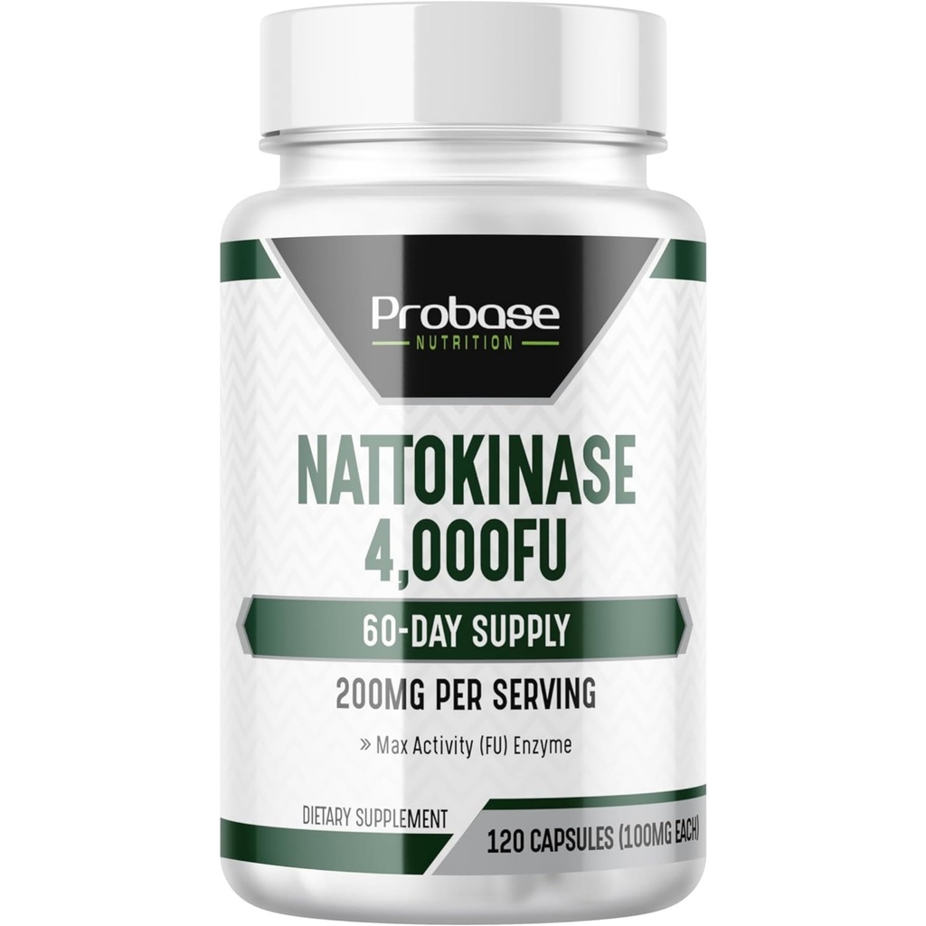 Probase 영양 Nattokinase 보충 4,000 FU 서빙, 120 캡슐 (일본 나토에서 파생) 심장 혈관 및 순환 지원을위한 시스템 효소