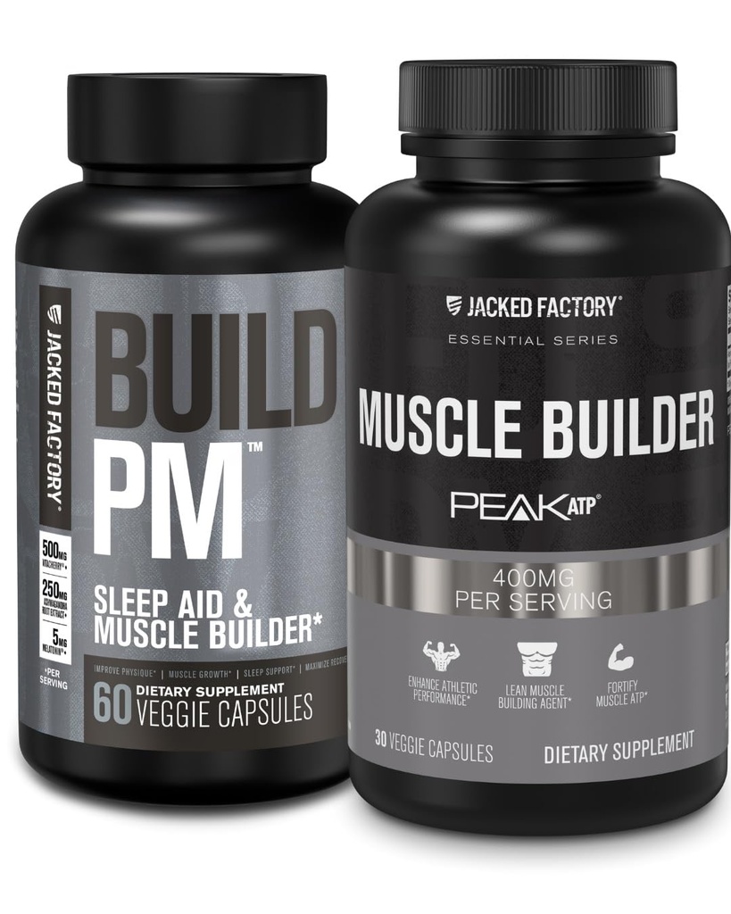 Jacked Factory Build PM Night Time Muscle Builder & Sleep Aid (60 캡슐) & Essentials Muscle Builder - 피크 ATP (30 캡슐)이있는 남성을위한 일일 강점 빌더