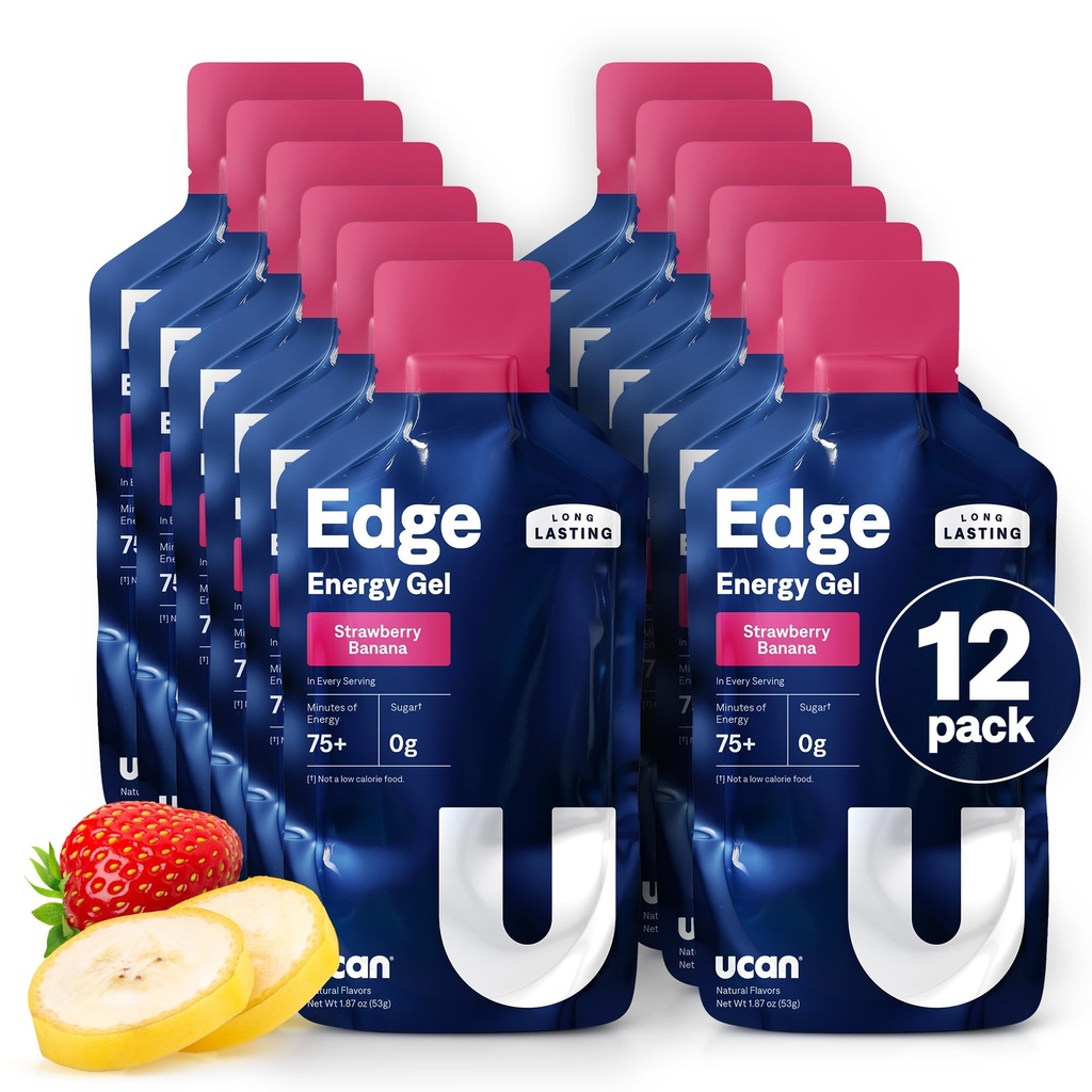 UCAN Edge Energy Gel Shots, Strawberry Banana (12, 2 Ounce Packets) 실행, 훈련, 운동, 피트니스, 사이클링, 크로스핏 | 슈가프리, Vegan, & Keto Friendly Energy