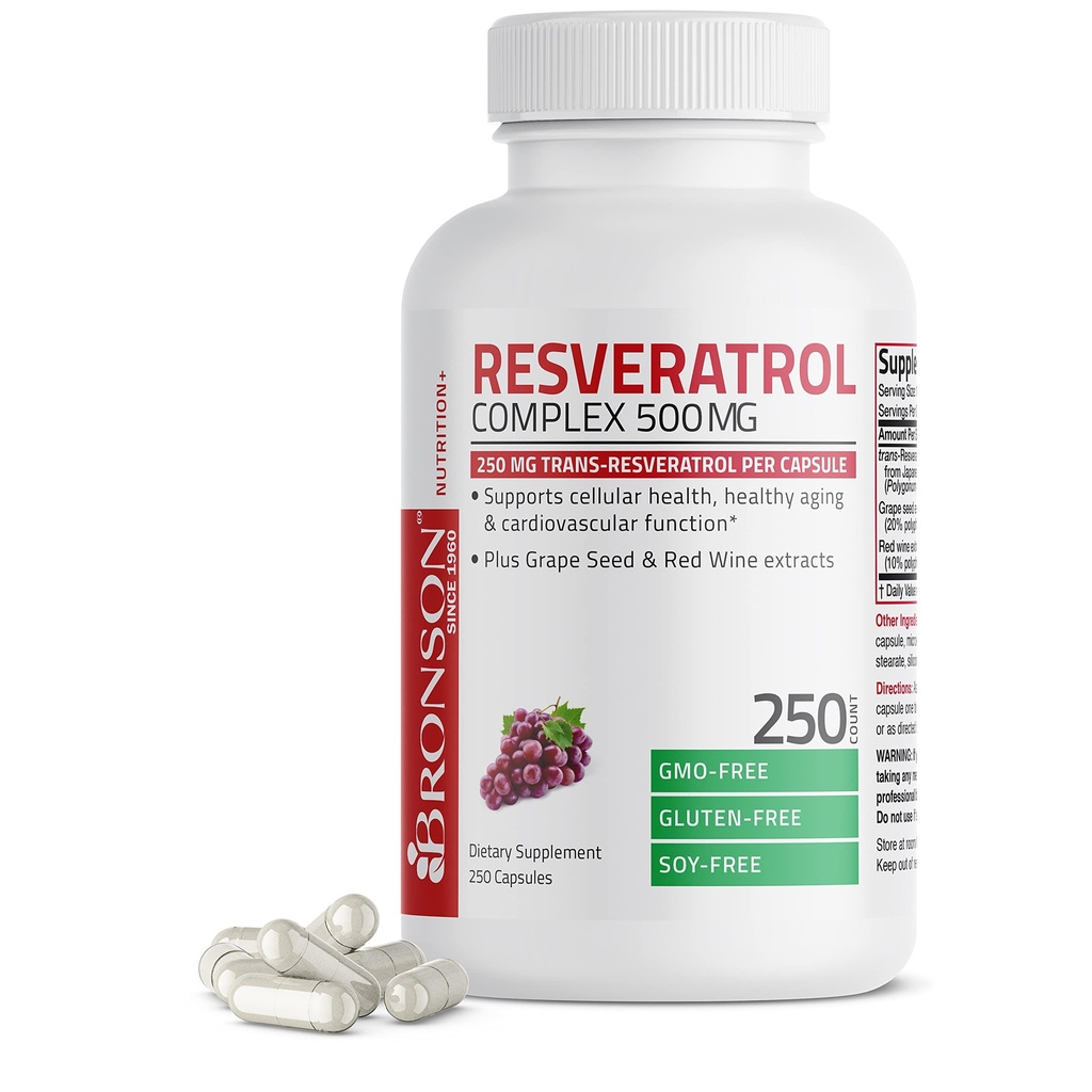 Bronson Resveratrol 500 Complex 표준화 된 Trans-Resveratrol + 포도 씨앗 & 레드 와인 추출, 250 캡슐
