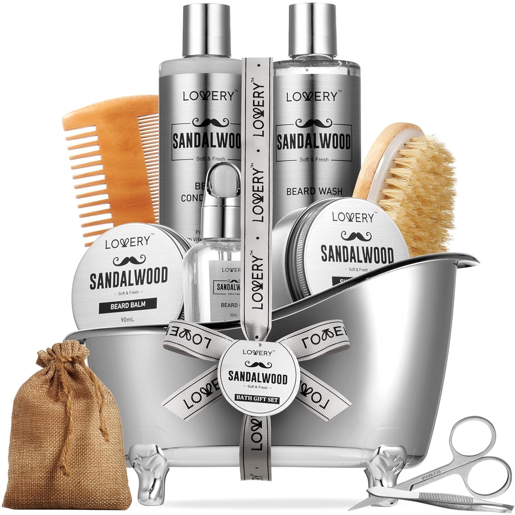 Mens 선물, Sandalwood Beard Grooming 장비, Boyfriend 아빠, 그를 위한 Mens Grooming 장비, 남자를 위한 11pc Beard Straightener, 곰 팡이 배려, Beard 성장 및 트리밍 선물, Beard 세척 성장 기름 & 더 많은 것