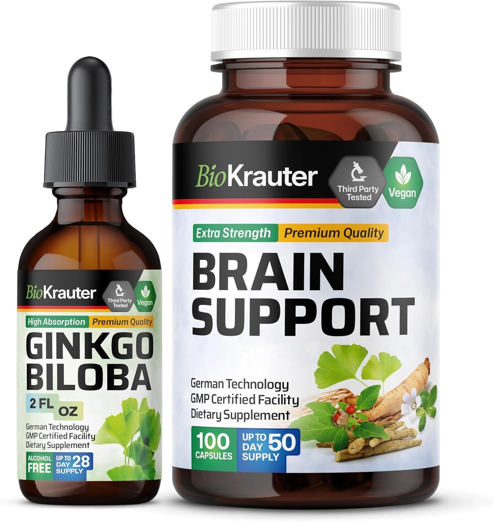 BIO KRAUTER Ginkgo Biloba Tincture 2 Fl. Oz. & 두뇌 지원 100 캡슐
