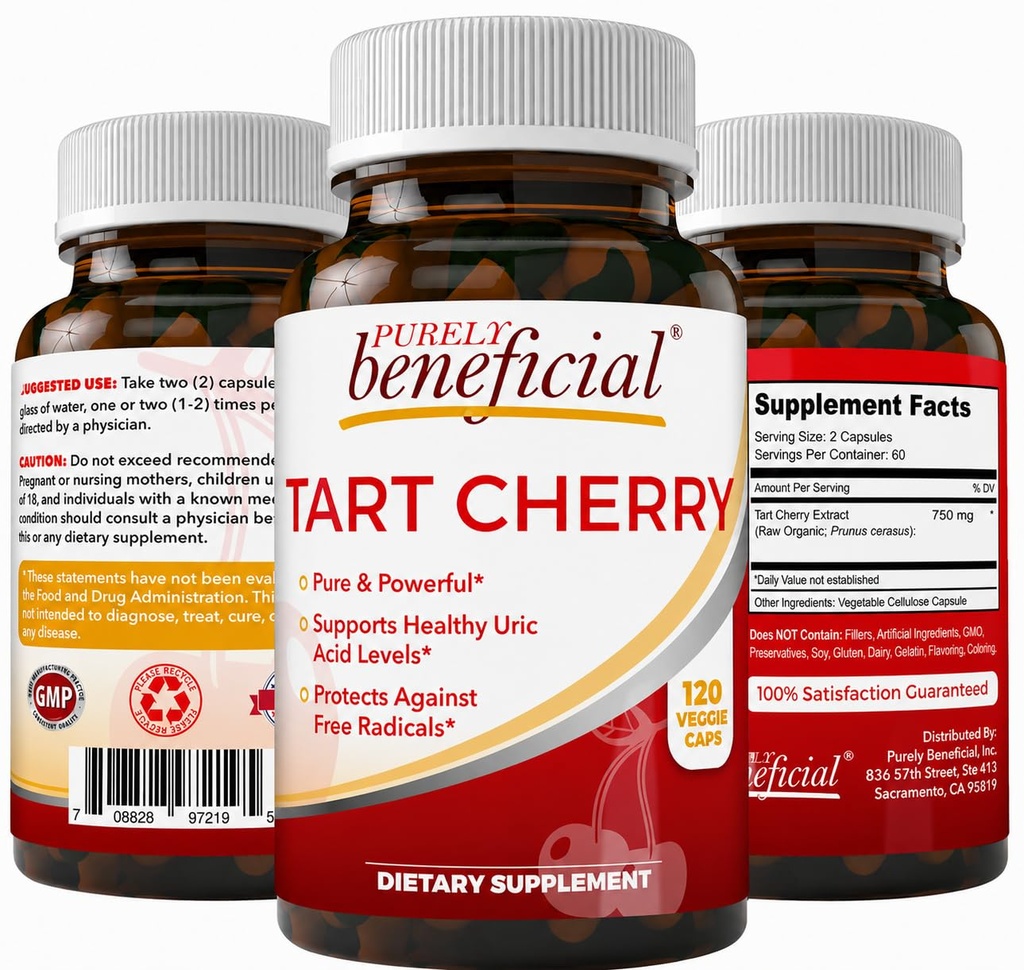 PURELY 유리 타트 버찌 캡슐 6000 mg, 여분 힘 Montmorency 타트 버찌 추출물, 합동 안락, 산화 방지제 & 면역성 지원, 비 GMO, 글루텐 자유로운, 120 조사를 위한 Uric 산 홍조