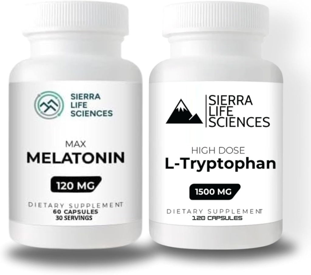 1500mg L-Tryptophan & 120mg 멜라토닌 번들 | 수면과 무담 지원을위한 높은 복용량 캡슐 | 글루텐 프리, 비 GMO, Veg 모자 | 30 개