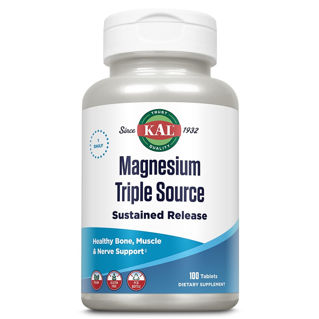 KAL Triple Source Magnesium Complex, Citrate, Malate, oxide, Sustained Release, Bone, Muscle, Nerve Support, Vegan, Gluten Free, 60 일 보증, 100 인분, 100 탭