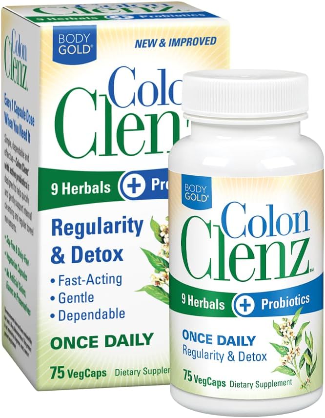 Body Gold Colon Clenz Regularity & Detox Formula | 매일 9개의 허브 + Active Probiotics 지원 | 75 CT