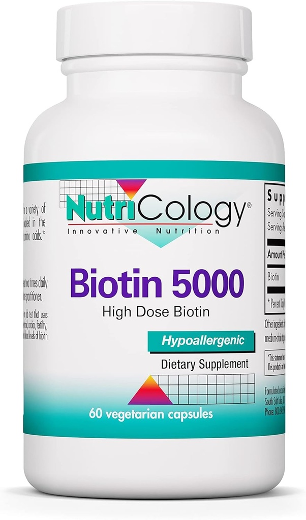 Nutricology Biotin 5000 보충교재 - 5000mcg Biotin, 머리, 피부 및 못, 높은 복용량, 채식 캡슐, Hypoallergenic, 글루텐을 위한 비타민 - 60 조사