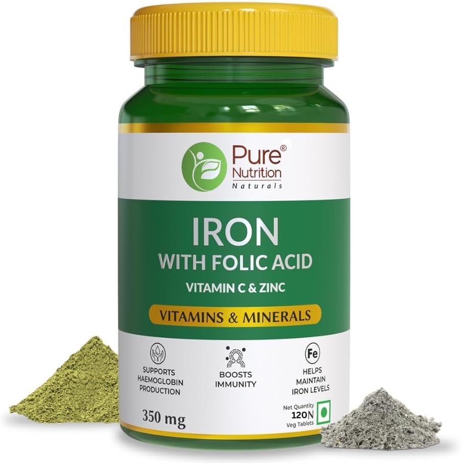 Iron Folic Acid Supplement - 120 Veg Tablets with Zinc, Vitamin C & Vitamin B12 for Men & Women | 지원 Haemoglobin 생산, 부스트 Immunity & 유지 Iron Level