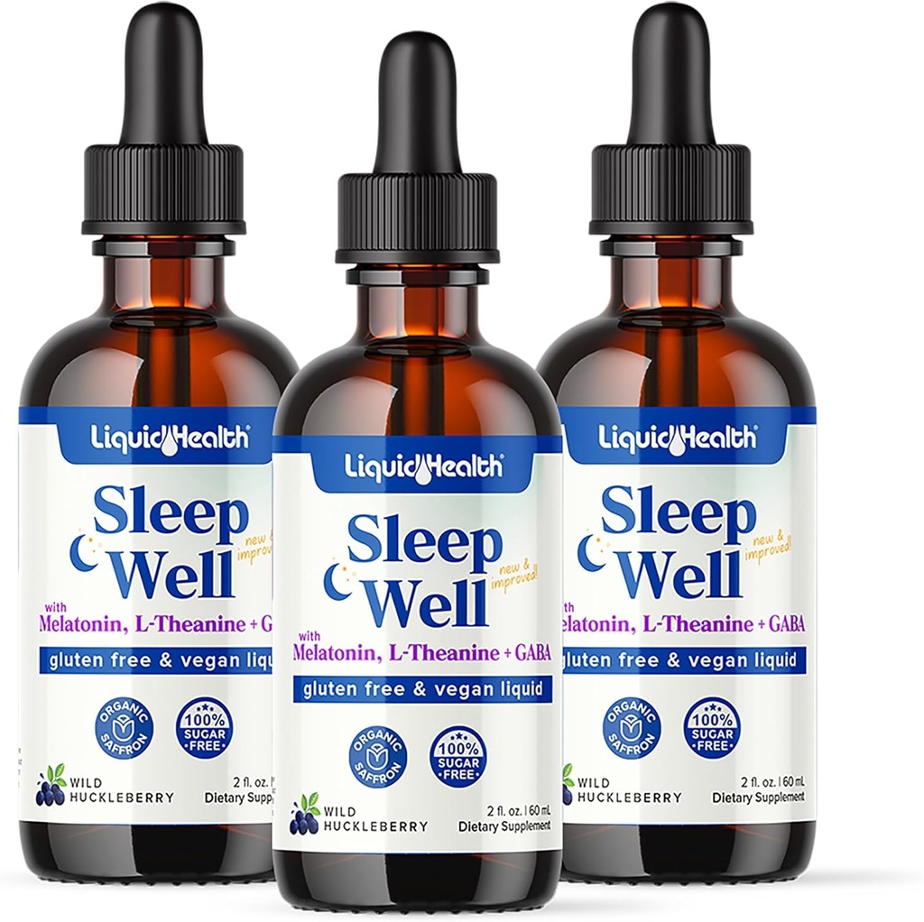 LIQUIDHEALTH Sleep Well Natural Sleep Aid Melatonin Drops - 더 나은 수면 & Mood, Relax & Calm Mind, Fall Asleep Faster Stay Asleep Longer - Made in USA, Vegan, Sugar Free, Drug Free, Non-GMO (3 Pack)