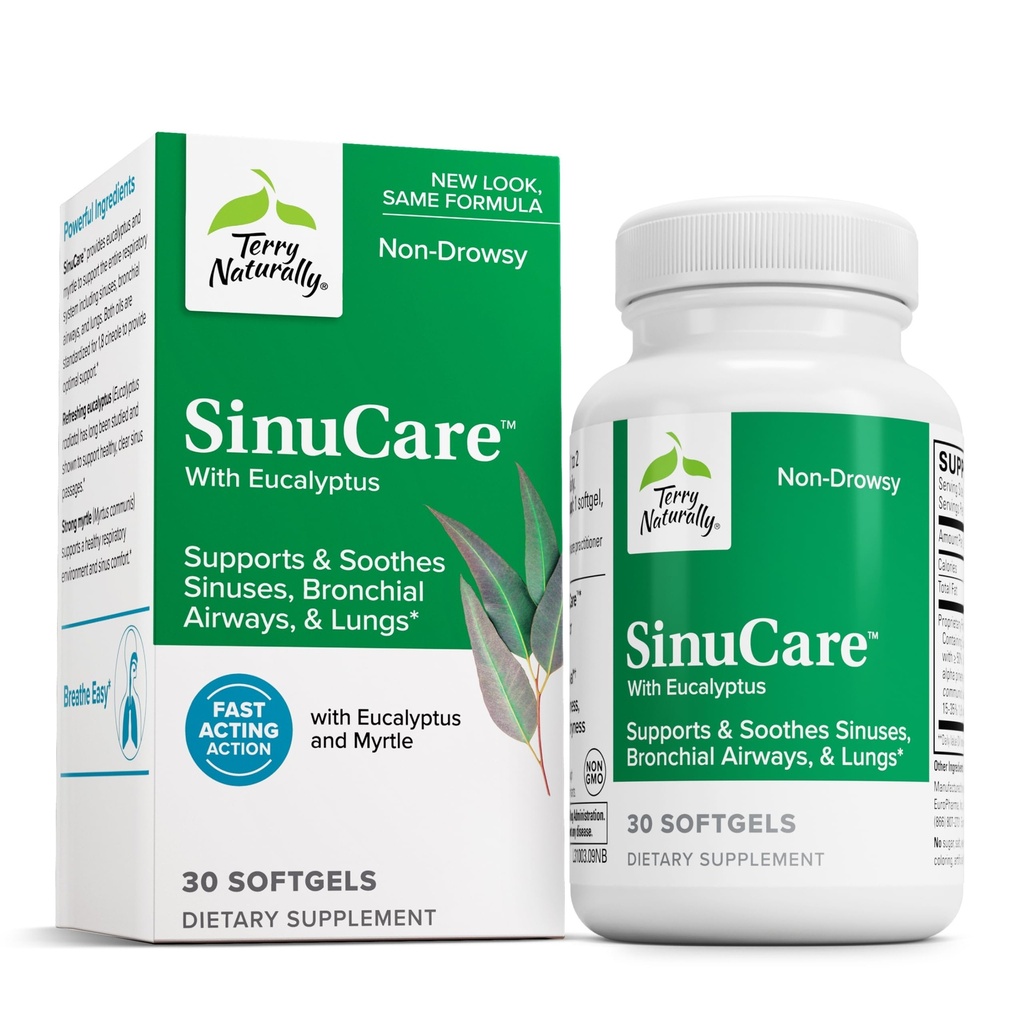 Terry Naturally SinuCare - 320 mg Eucalyptus & Myrtle Oil Complex, 30 Softgels - Sinus, Lung & Bronchial Support Supplement, Non-Drowsy - Non-GMO, 글루텐 프리 - 15 서빙