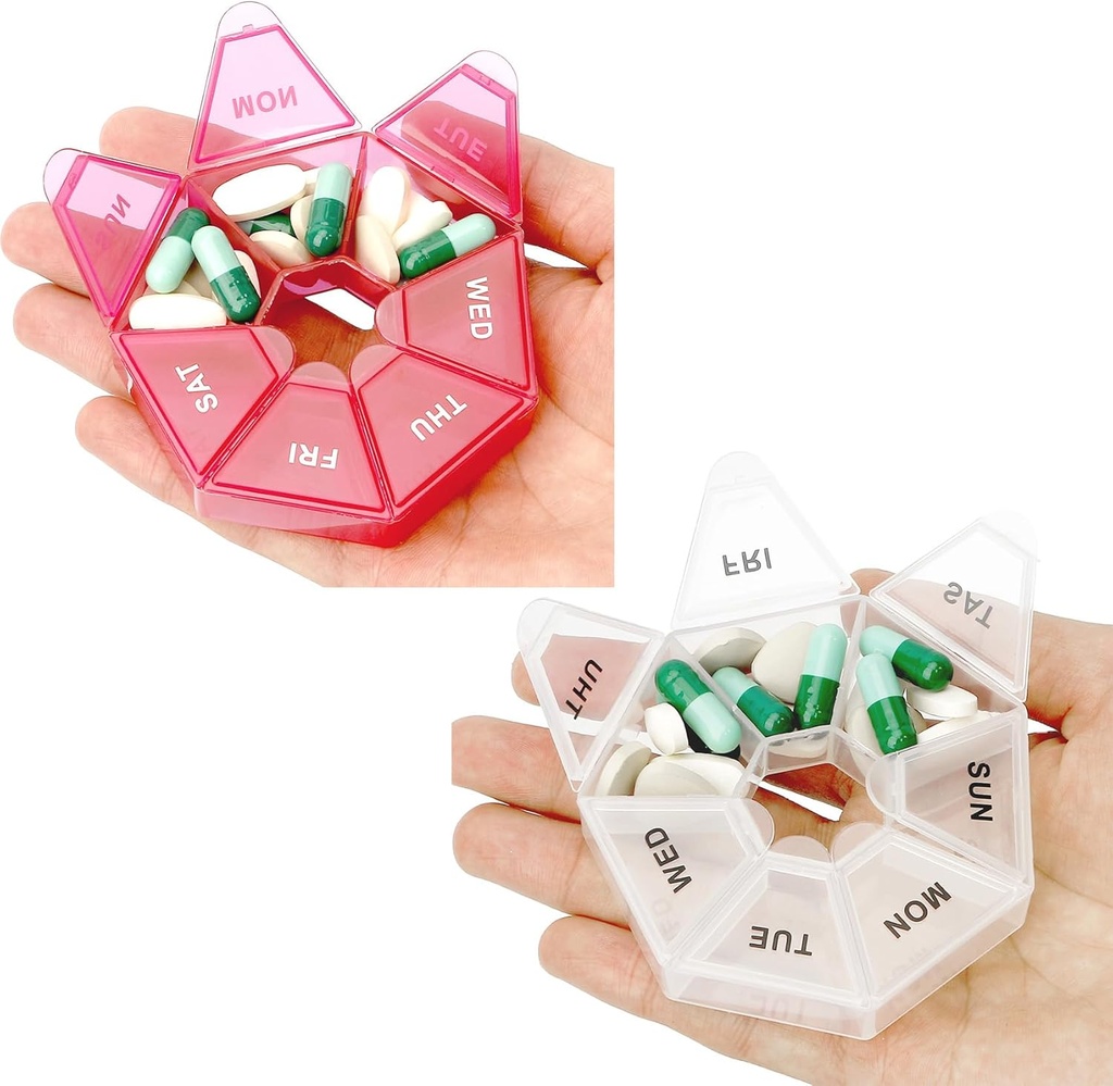 Pill 주최자, 2 팩 알약 상자, 작은 알약 케이스, Medicine Pill 주최자 1 일, 주간 알약 주최자, 알약 용기, 알약 홀더, 매일 알약 주최자 여행 알약 주최자 7 일 (레드 & 화이트)