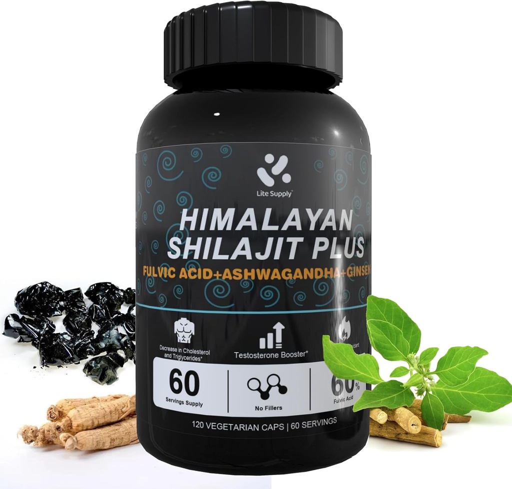 Shilajit Himalayan 보충교재 60% Fulvic 산, 순수한 자연적인 Shilajit, Ashwagandha, Ginseng 추출물을 가진 120의 Vegan 캡슐 공급 - 남자 에너지 지원을 위한 추적 무기에서 높은