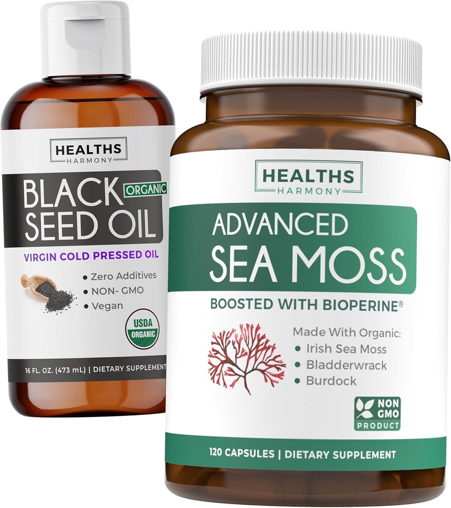 Black Seed Oil Liquid & Sea Moss (2 개월 공급) Sea & Seed Fusion Bundle - Black Seed Oil Liquid (16fl.oz) Premium Cold-Pressed Clack Cumin Seed Oil & Organic Irish Sea Moss with BioPerine - Vegan