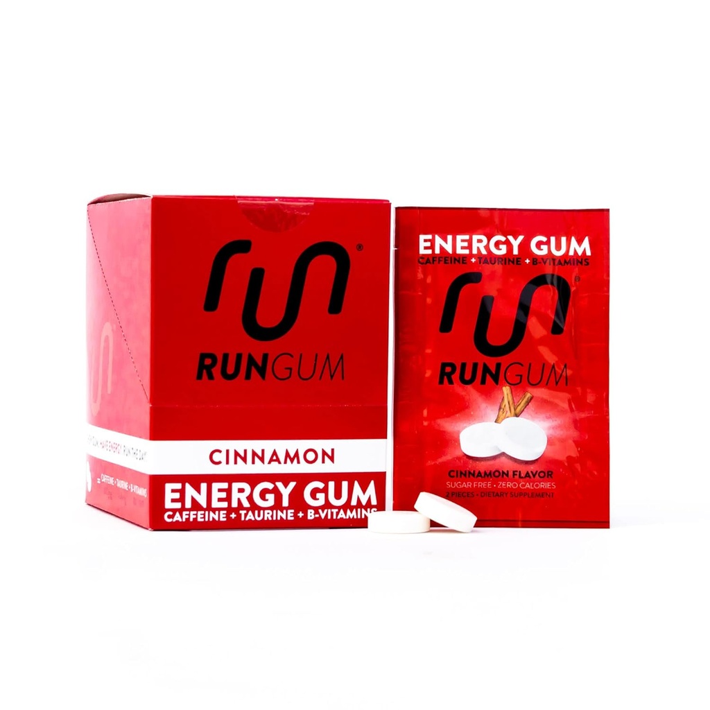 RUN GUM Cinnamon 에너지 Gum 50mg 카페인 타우린 & 조각 당 B 비타민, 24 조각 (12의 포장), 2 조각 = 1 커피 또는 에너지 음료, 설탕 무료, 영 칼로리