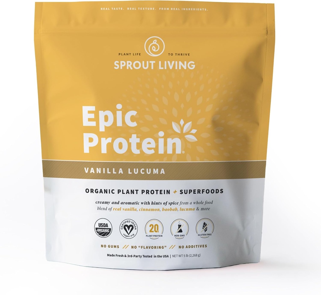 Sprout Living Epic Protein, Plant Based Protein & Superfoods Powder, Vanilla Lucuma Powder | 20 그램 유기농 단백질 분말, Vegan, Non Dairy, Non-GMO, Gluten Free, Low Sugar (5 파운드, 60 인분)