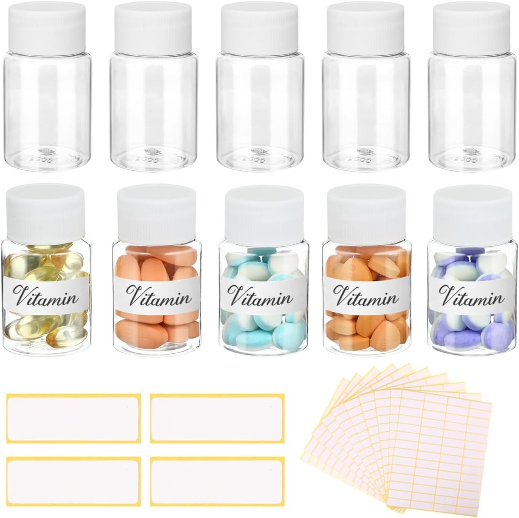 빈 라벨이있는 10PCS 알약 병 - 스크류 캡이있는 30ml 의약품 용기 - 플라스틱 빈 작은 알약 용기 누출 방지 명확한 샘플 항아리 액체 솔리드 이름 스티커 용 Dispense