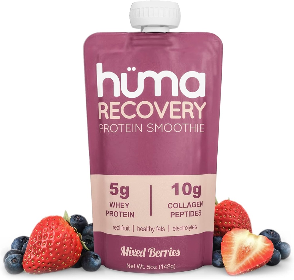 Huma Recovery Protein Smoothie, 12 파우치 - 15g Collagen + Whey Post Workout Recovery Drink - Real Fruit, Electrolytes, Healthy Fat과 함께 준비 된 Drink Protein Shake
