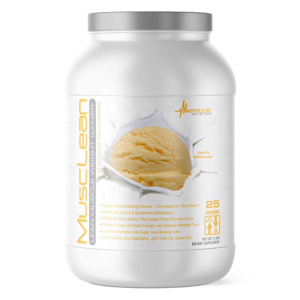 신진 대사 영양 - Musclean - 밀크 쉐이크 체중 증가, Whey 높은 단백질 식사 보충, 유지 보수 영양, 낮은 캐비, Keto 다이어트, 소화 효소, 바닐라, 2.5 파운드 (25 ser)
