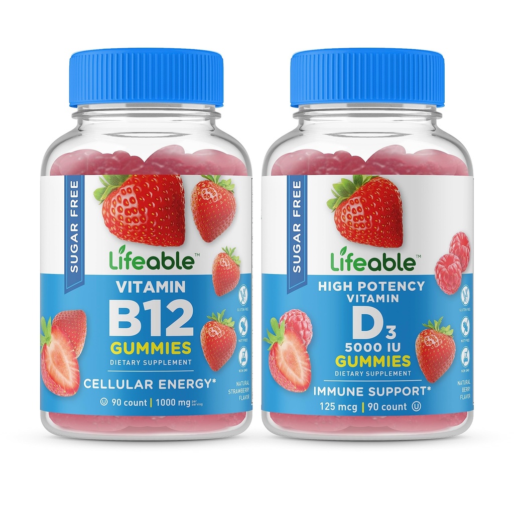 Lifeable Sugar Free 비타민 B12 + 비타민 D 5000 IU, Gummies 번들 - 훌륭한 타스팅, 비타민 보충, 글루텐 무료, GMO 무료, Chewable Gummy