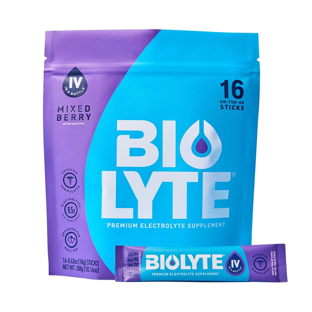 BIOLYTE IV Electrolyte 분말 패킷, 물, 의사 개발 된 수화를위한 IV 액체 음료 혼합, HSA 승인 탈수 완화, Chemotherapy는 여성 및 남성에 대한 필요 - 혼합 Berry (16 스틱)