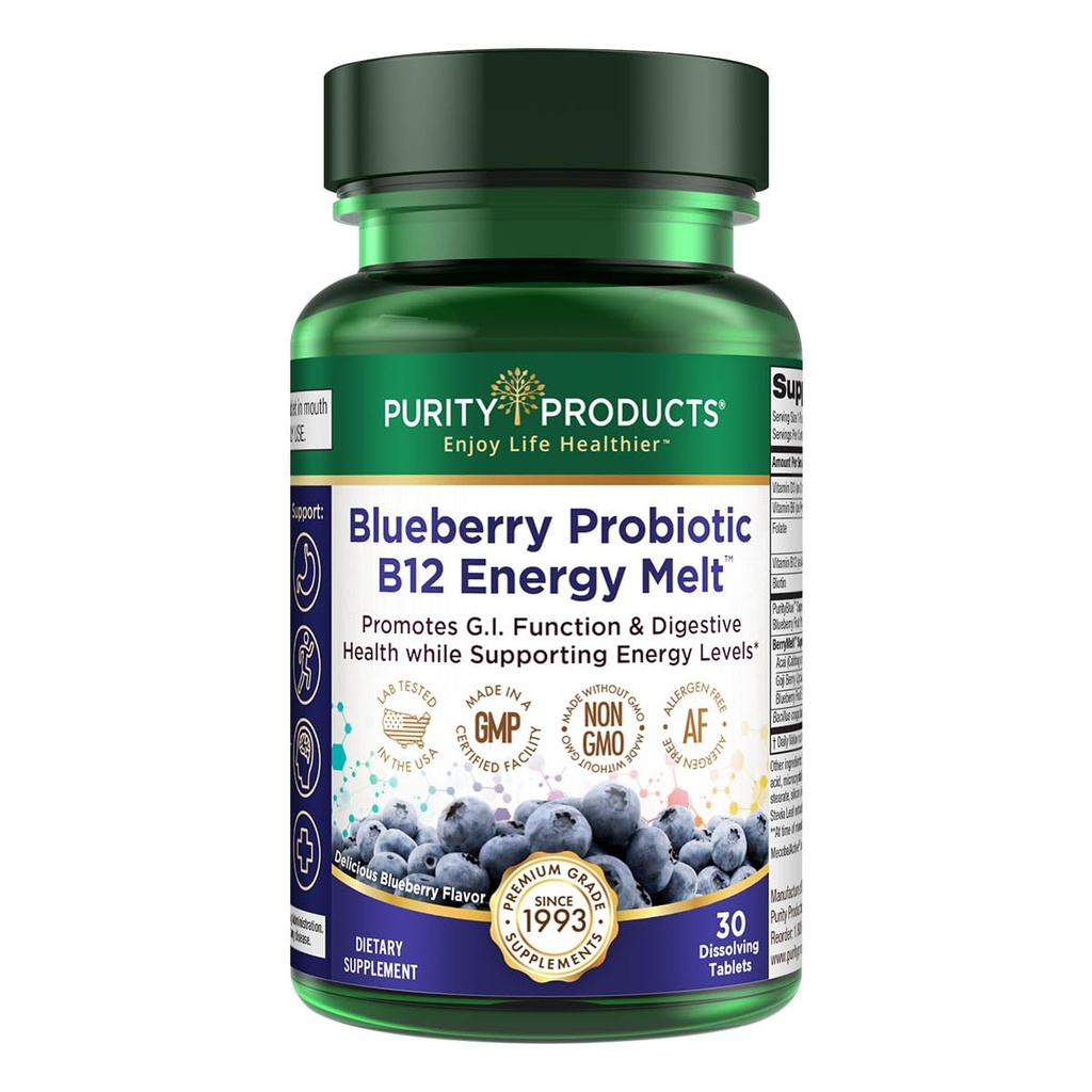 순수성 제품 Blueberry Probiotic B12 에너지 용해 임상 Probiotic - 유기 블루 베리, Methylcobalamin B-12-30 용해