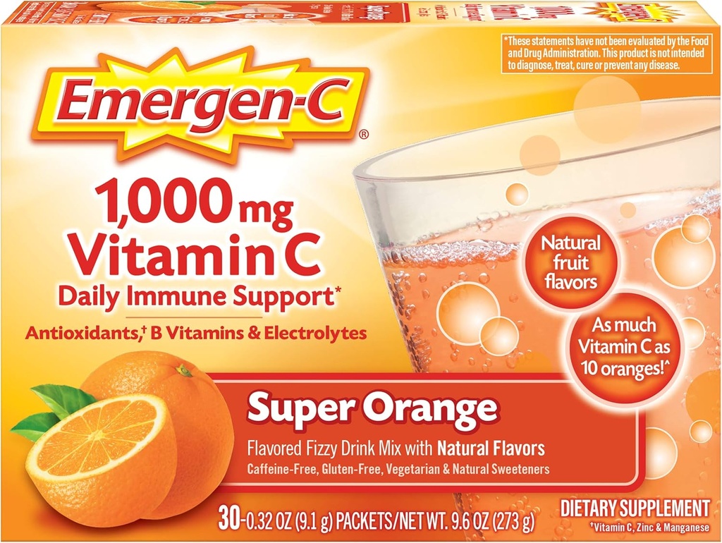 매일 면역 지원 카페인 자유로운 비타민 C를 위한 Emergen-C 1000mg 비타민 C 분말은 아연과 망간, B 비타민 및 전해질, 최고 오렌지 풍미 - 30 조사를 가진 보충합니다
