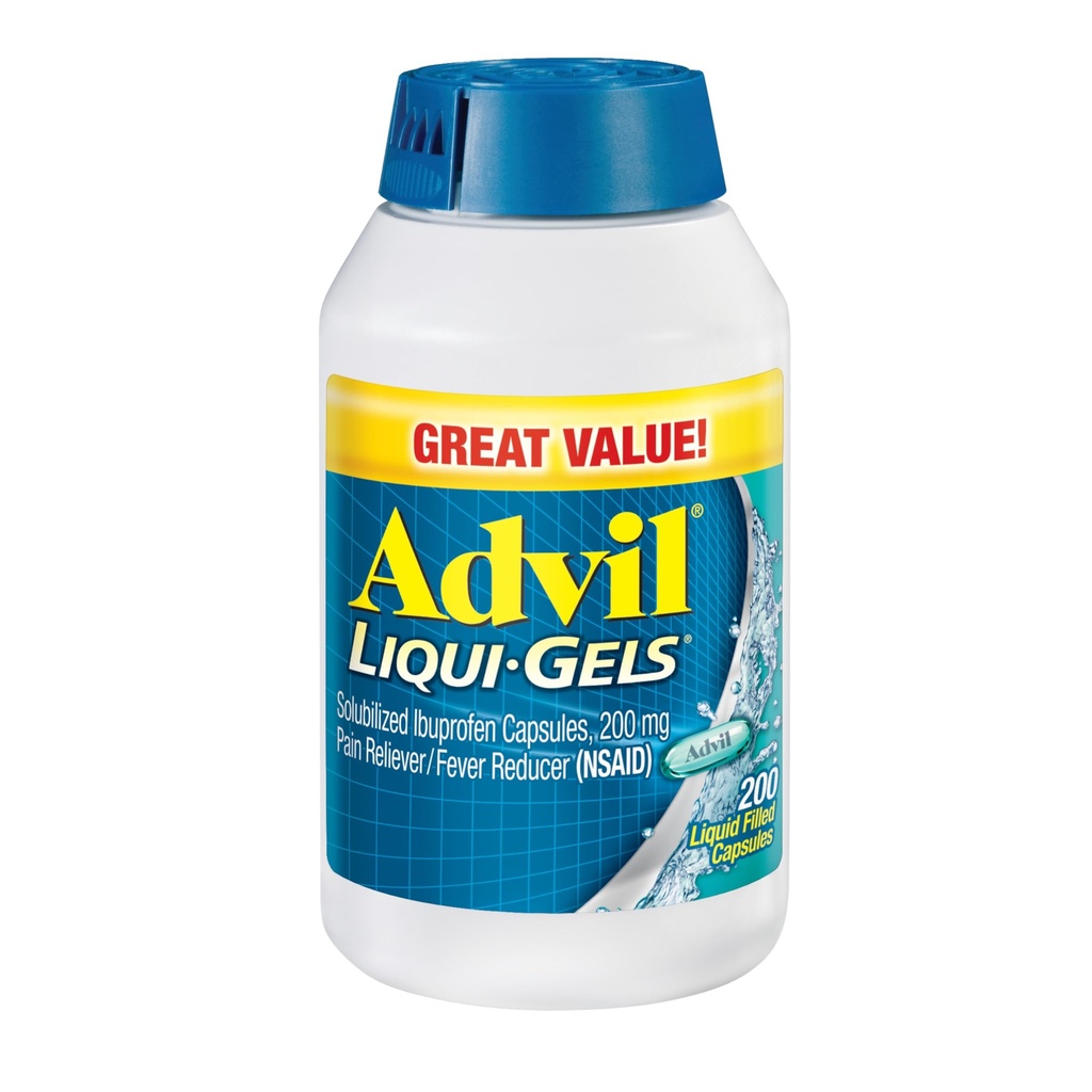 Advil Liqui-Gels Pain Reliever와 Fever Reducer, 두통, 허리 통증, 생리통 및 관절 통증 완화를위한 Ibuprofen 200mg 성인을위한 통증 의학 - 200 액체 채워진 캡슐