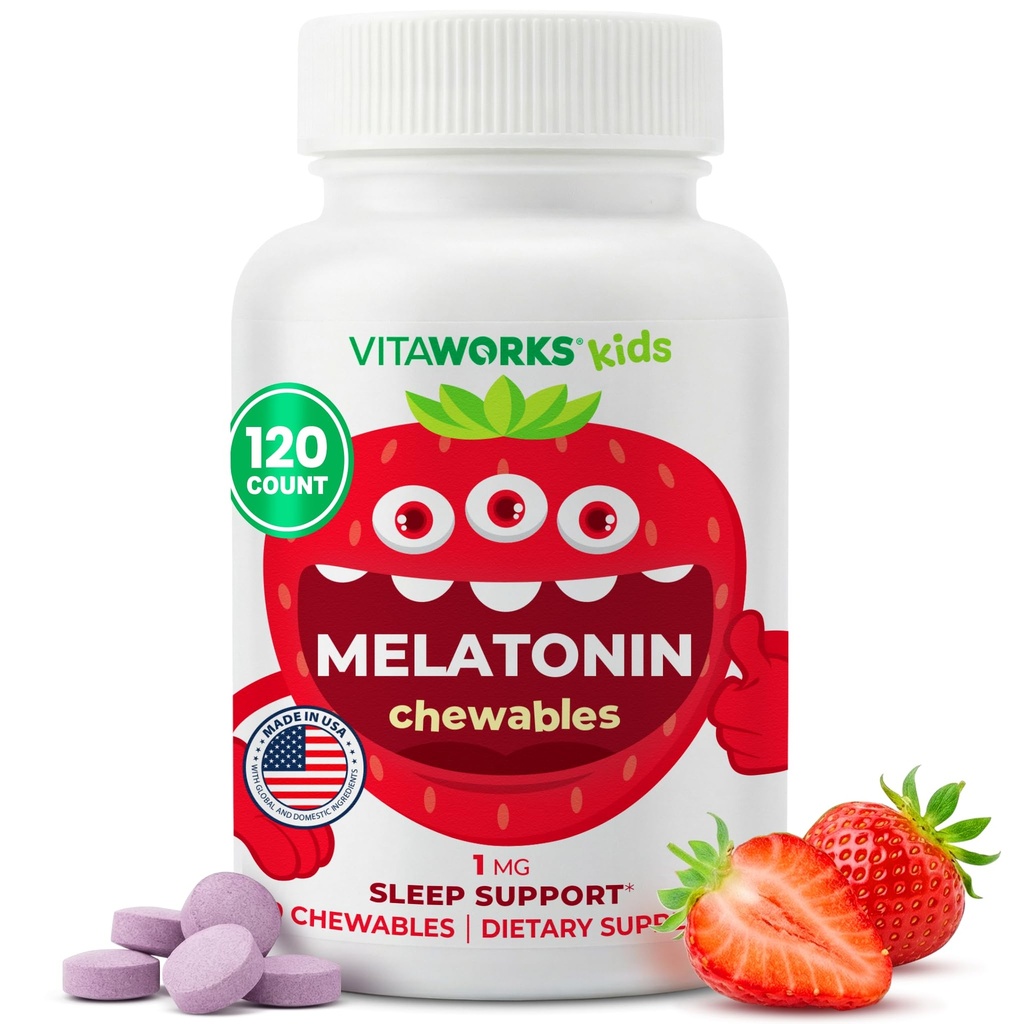 아이 멜라토닌 1 mg L 신, Chamomile 및 레몬 발름 추출물 치우블 정제 - 자연 Berry 풍미 - 도움 가을 및 수면 유지 - 어린이를위한 - 120 Chewables