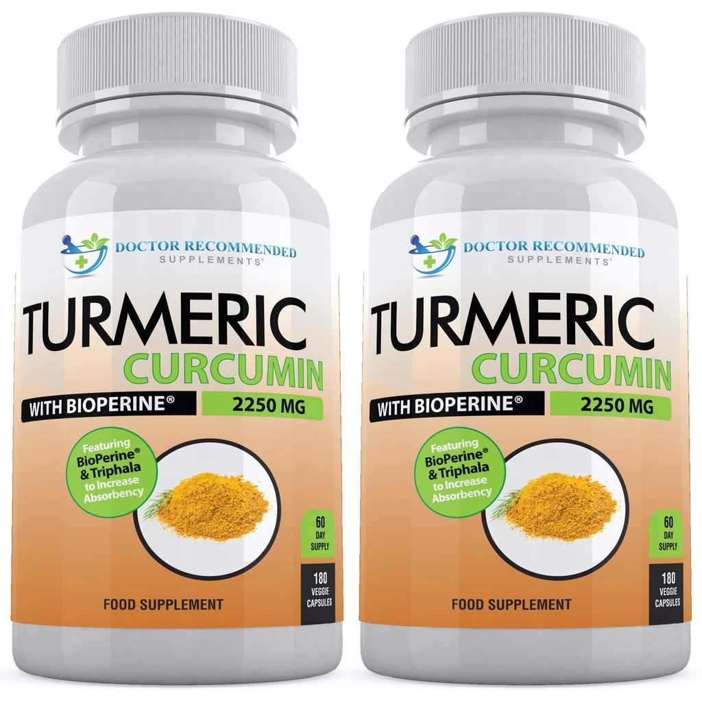 Bioperine가있는 Turmeric Curcumin - 360 Veggie 캡슐 - 검은 후추 보충 및 Triphala가있는 2250mg 95 % Curcuminoids (2 팩)