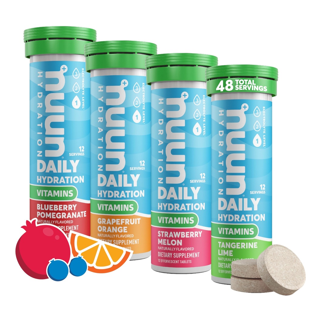 Nuun Vitamins Electrolyte Tablets with Vitamin D, C, E, A, & B6, Folic Acid, Magnesium & 4 Other Essential Electrolytes, 글루텐 프리 & 비건, 혼합 과일, 4 팩 (48 서빙 총)