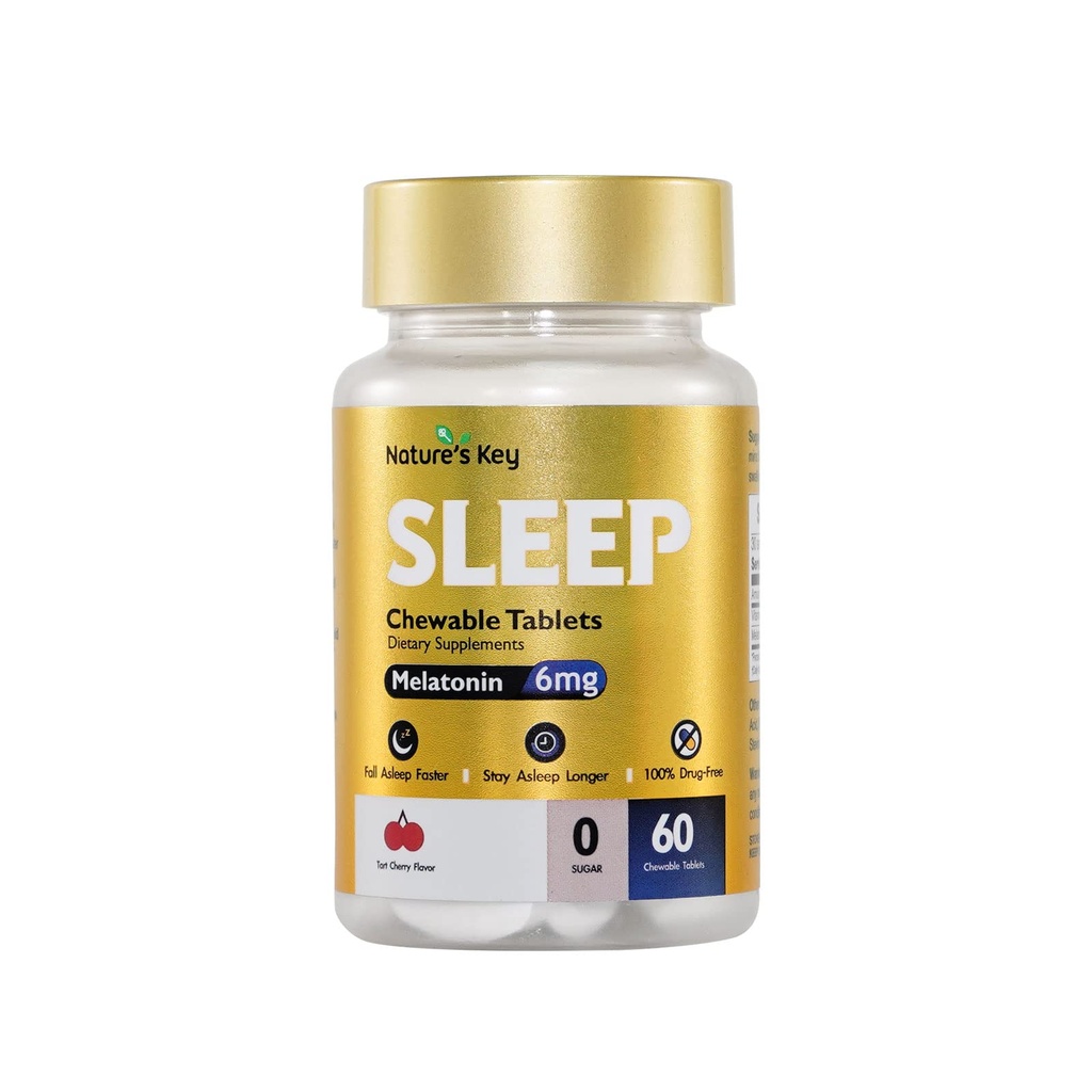 Nature's Key Melatonin 6mg Chewable Tablets, Sugar Free | 6mg 비타민 B6과 함께 편안한 수면 및 수면 패스너 | Non-Habit Forming | 60 정제 (이미트 체리 맛)