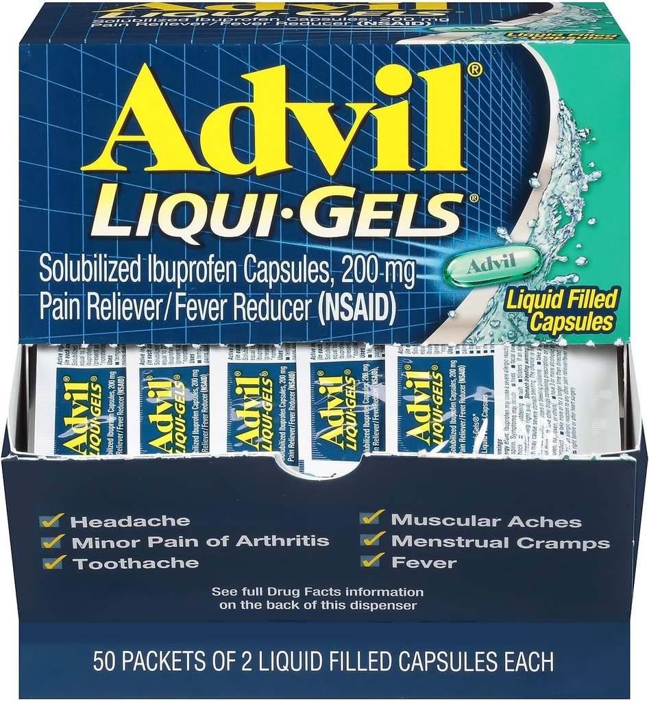Advil Liqui-Gels 고통 Reliever/Fever 흡진기, Solubilized Ibuprofen 200mg, 2/Packet의 50의 소포/상자 (016902)