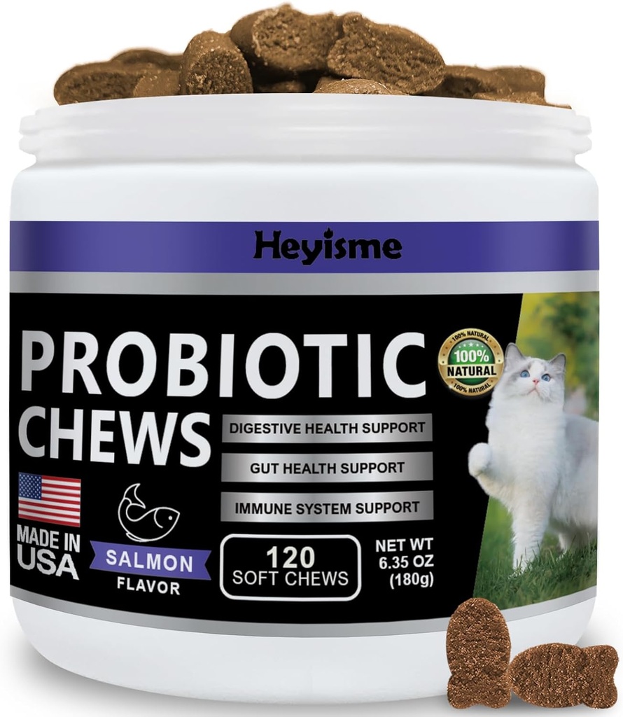 Cat Probiotic, Gut 및 면역 건강을 위한 Chews, 고양이 소화 지원, 건강한 소화, 고양이 변비 및 Diarrhea 기복 (120 알약, 살몬)를 위한 고양이 Probiotic 보충교재