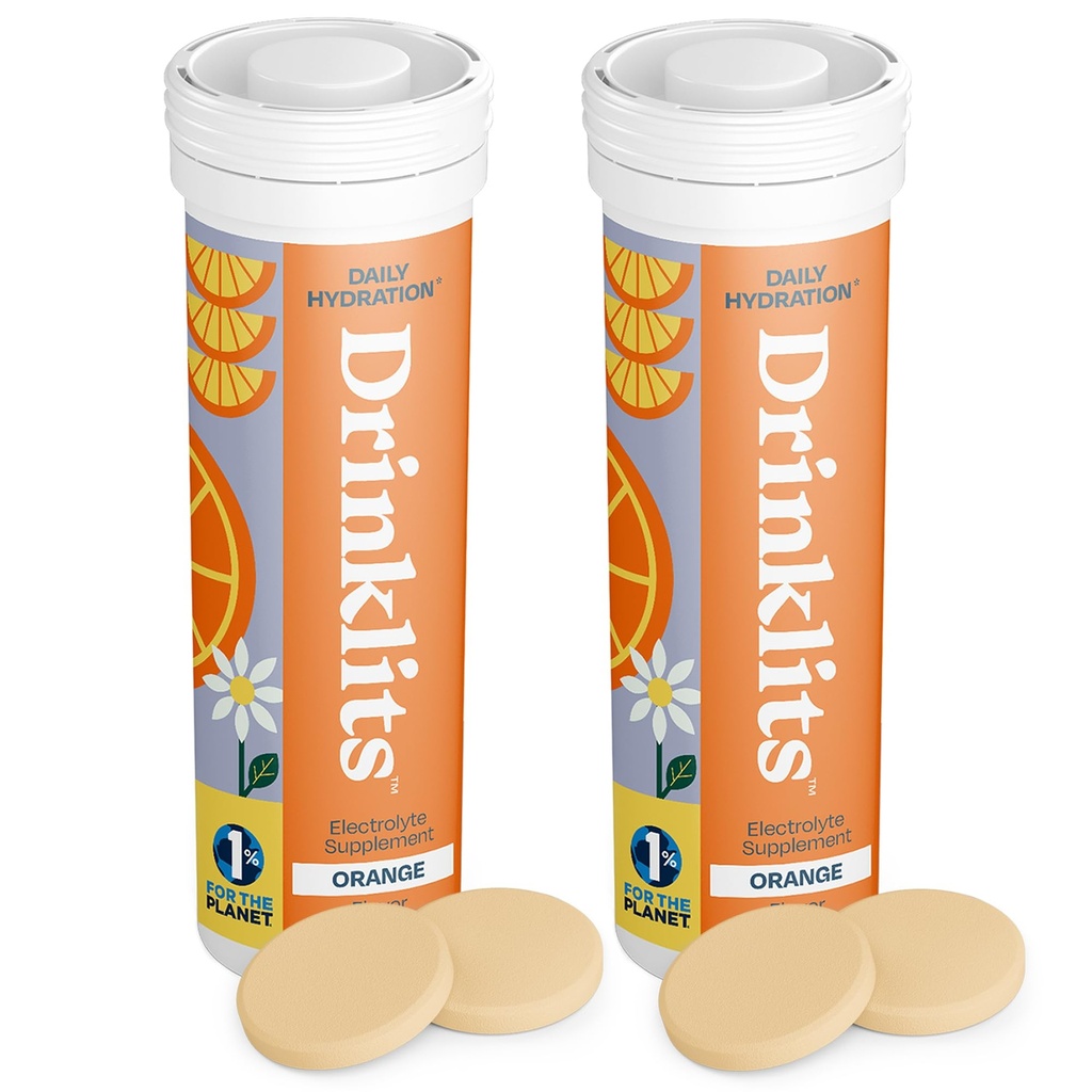 Drinklits Orange Daily Hydration Tablets (2) 튜브 번들 | Essential Electrolytes – 0g Sugar – Replenishing Hydration Drink | 20 서빙 - 10 튜브 당 정제