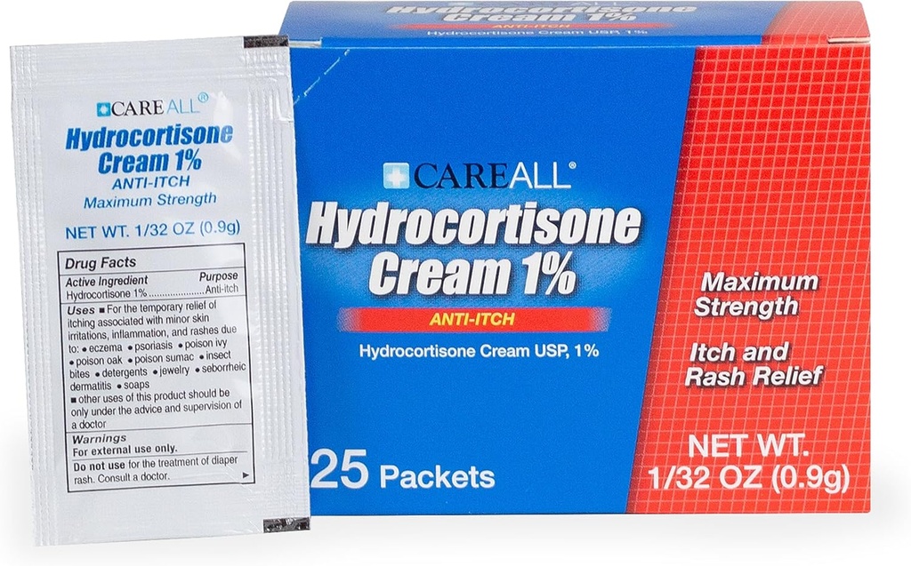 CareAll Hydrocortisone 크림 1% (25 팩), 0.9gr 포일 소포. Max Strength Formulation, Anti-Itch Rash Skin Cream Relieves Itching, Eczema, Insect Bites, Poison Ivy 및 Psoriasis