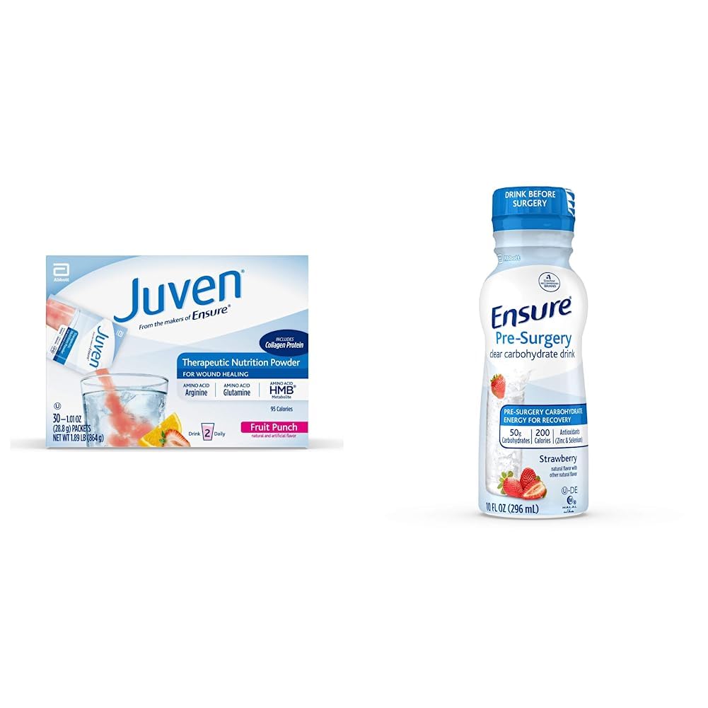 부상 치유 지원을 위한 Juven Therapeutic 영양 음료 혼합 분말, 교원질 단백질, 과일 펀치, 30 조사 & Ensure Pre-Surgery, 명확한 탄수화물 음료, 딸기, 10 fl oz, 4 조사를 포함합니다